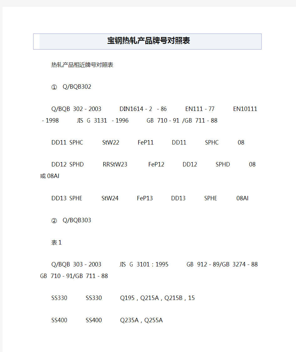 宝钢热轧产品牌号对照表