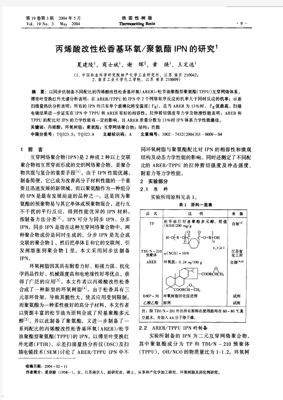 丙烯酸改性松香基环氧／聚氨酯IPN的研究