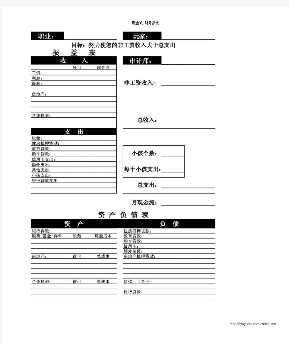 富爸爸现金流游戏财务报表