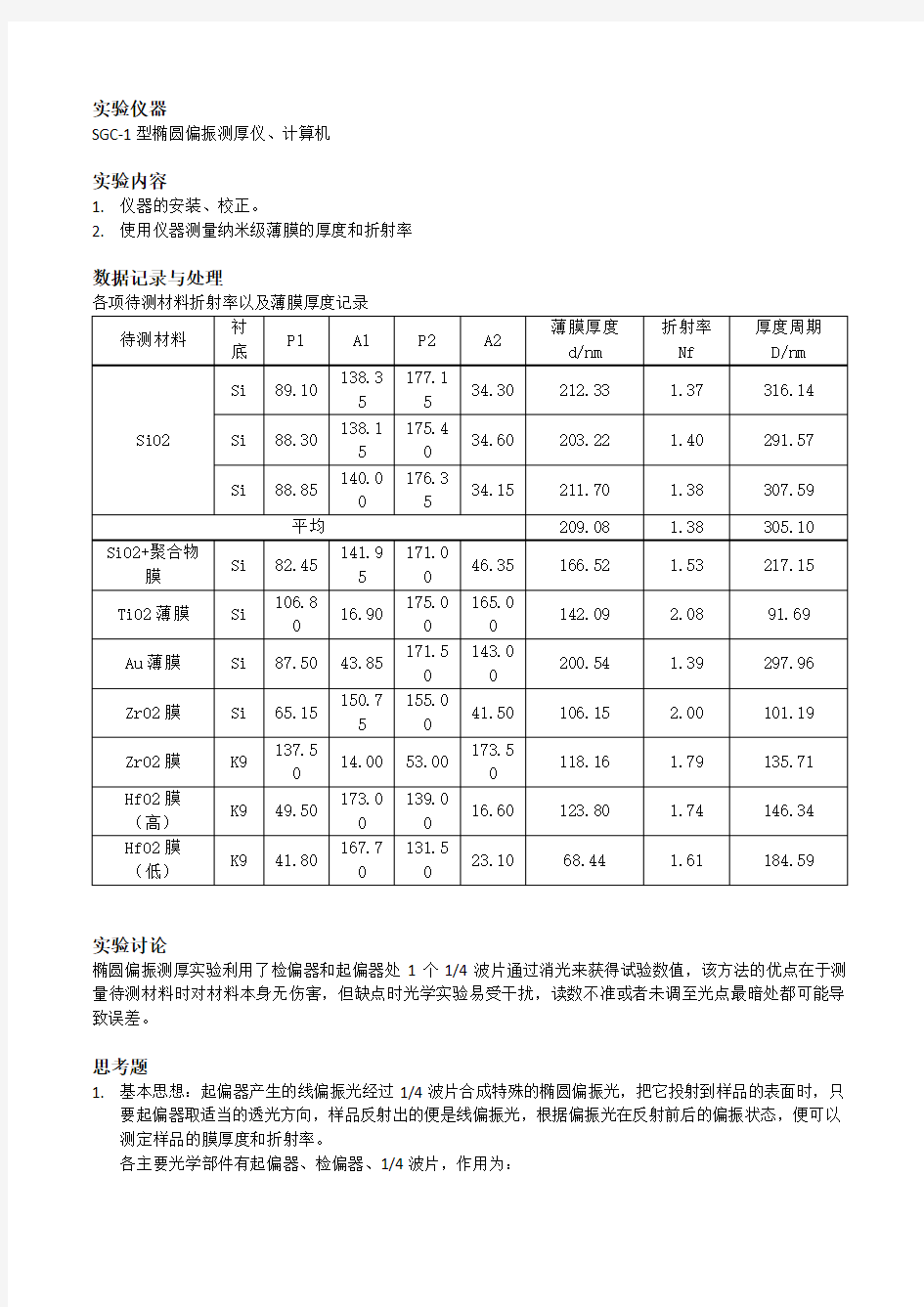 椭圆偏振测厚实验