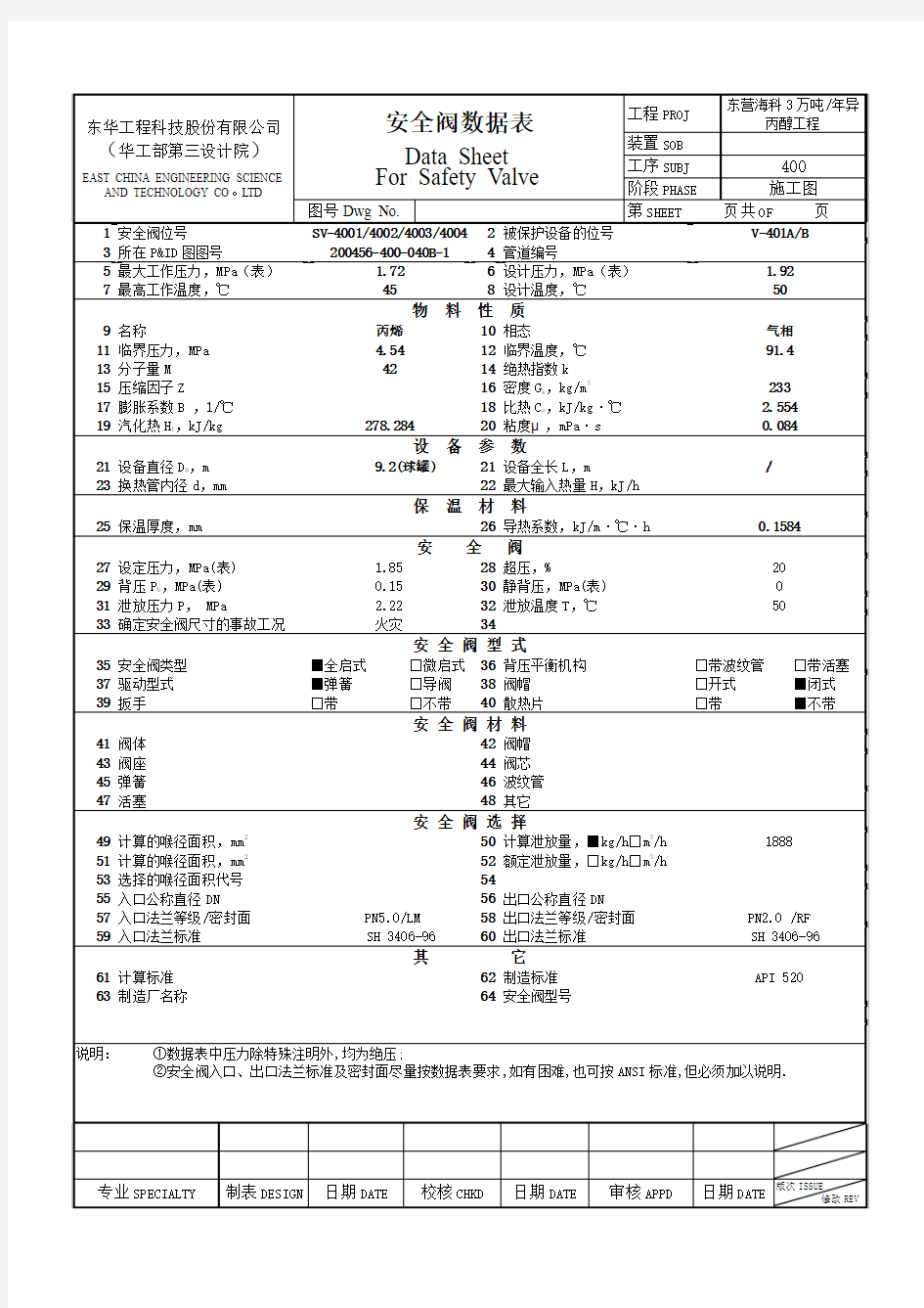 丙烯安全阀数据表