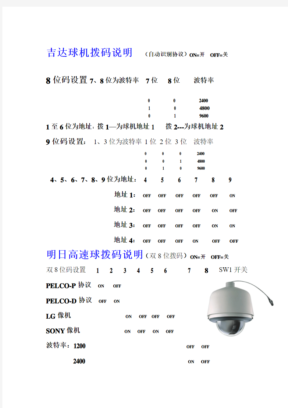 云台、球机拨码说明书01