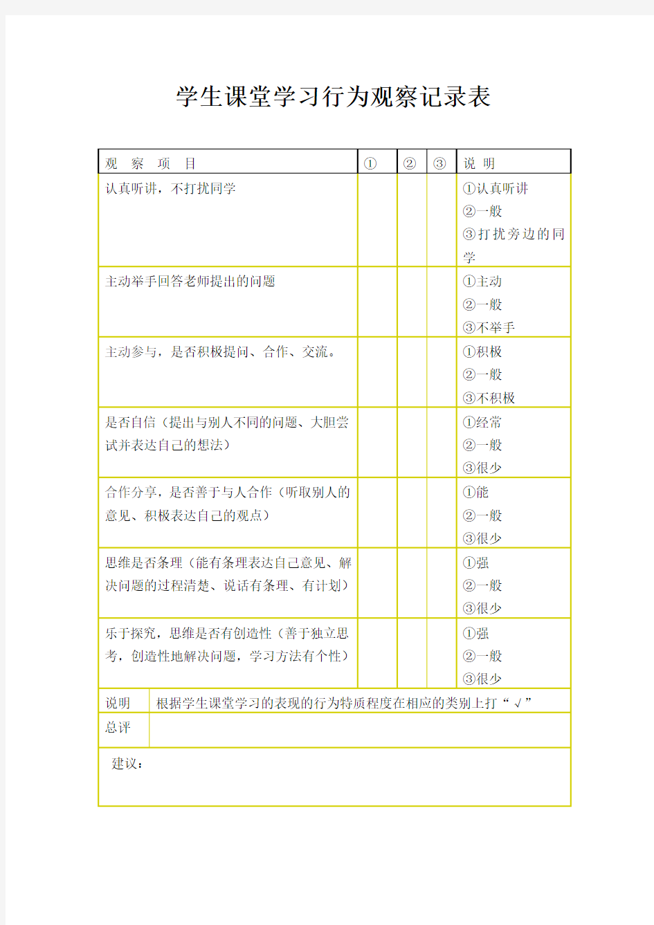 学生课堂学习行为观察记录表