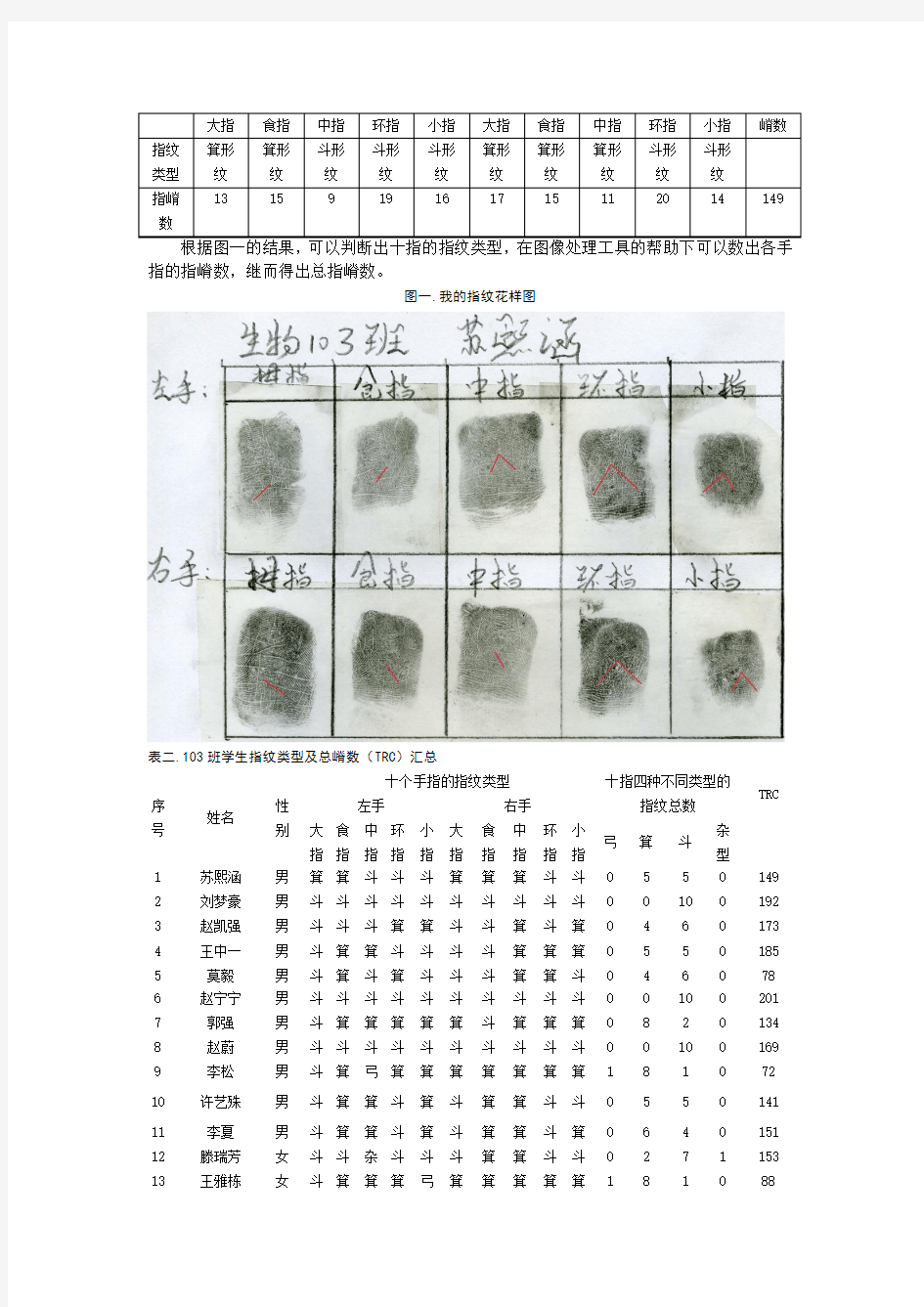 生物103班-苏熙涵-1002040313-人类指纹花样的遗传分析实验报告