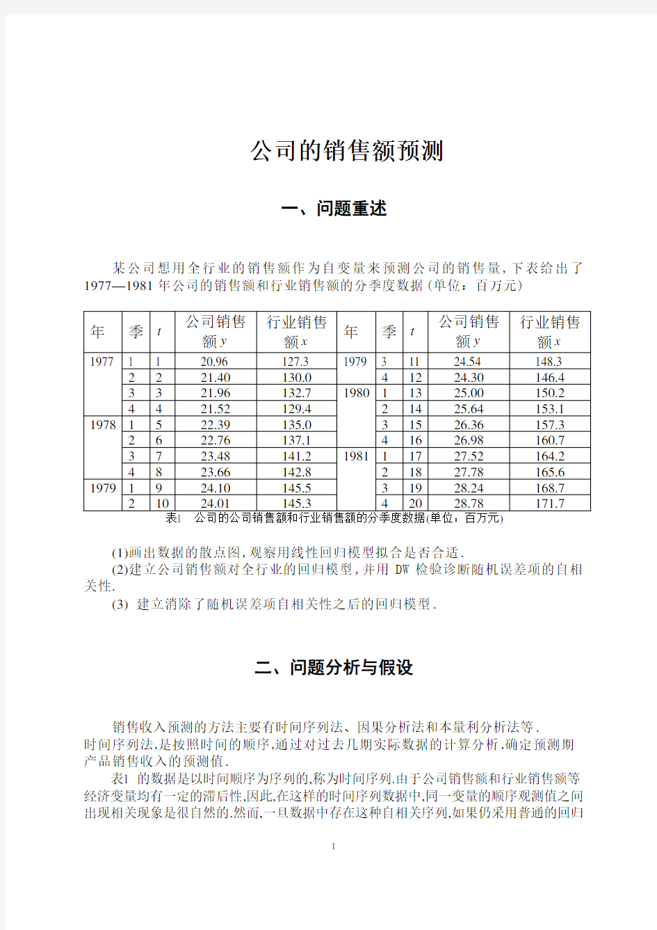 数学建模报告公司的销售额预测