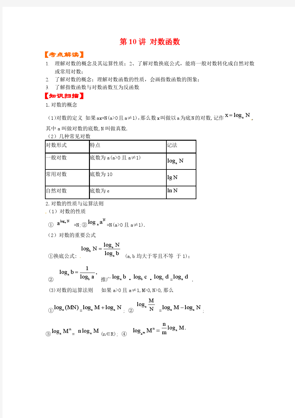 第10讲 对数函数