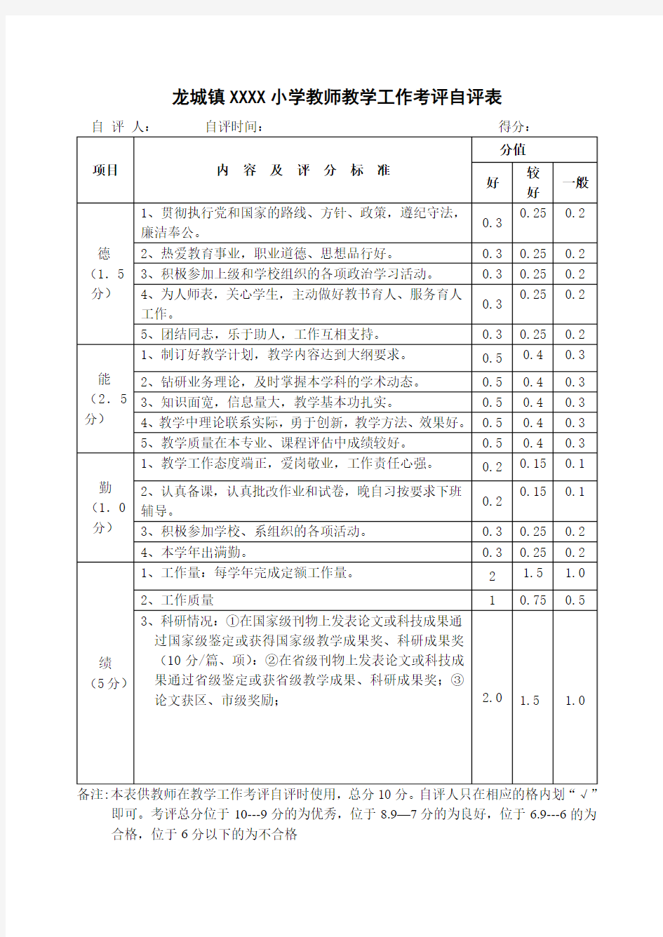 教师自评表