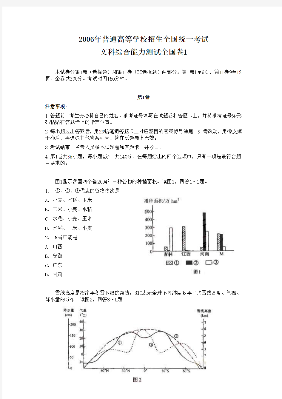 2006年高考试题与答案(全国卷1文综)