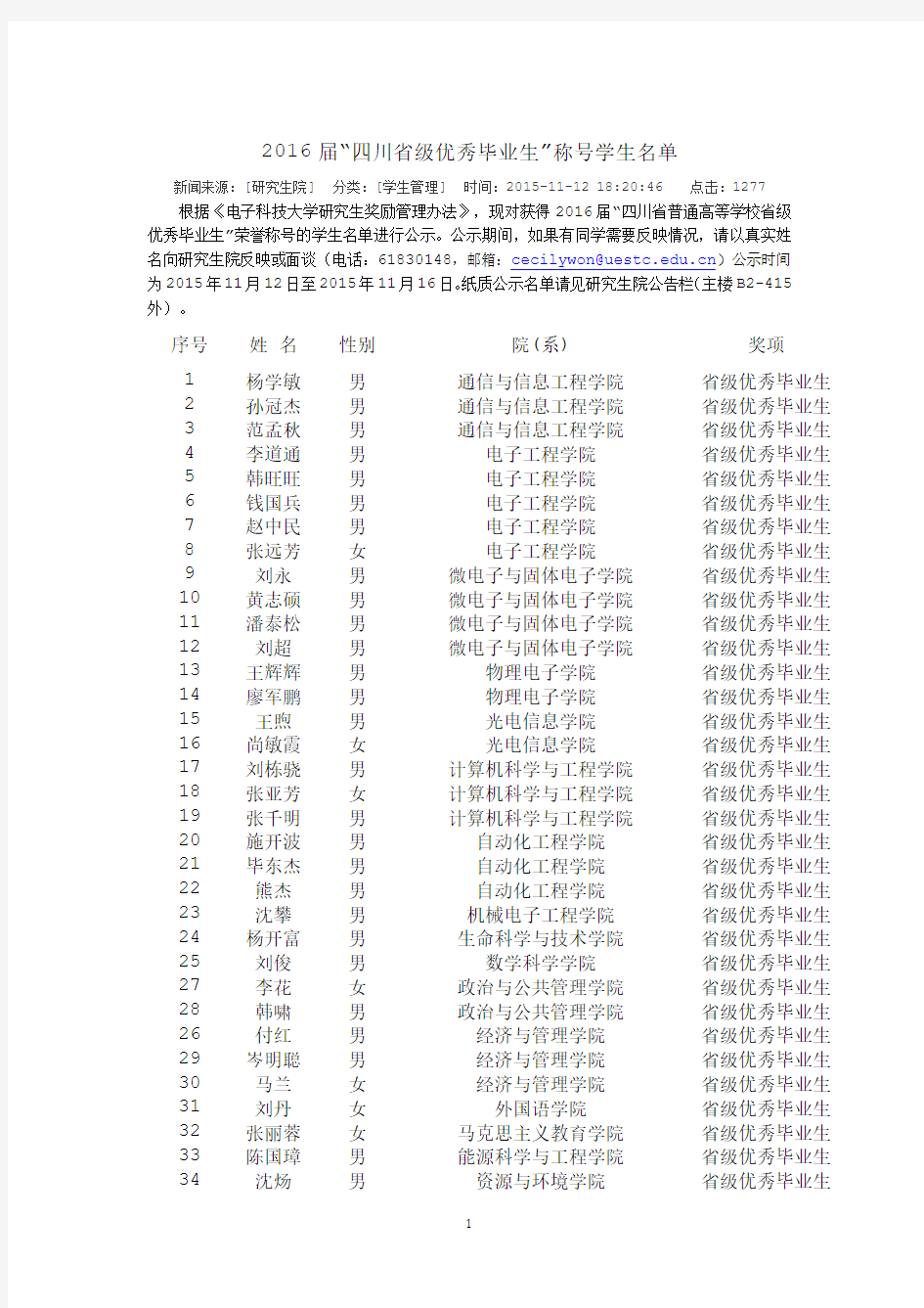 2016届“四川省级优秀毕业生”称号学生名单