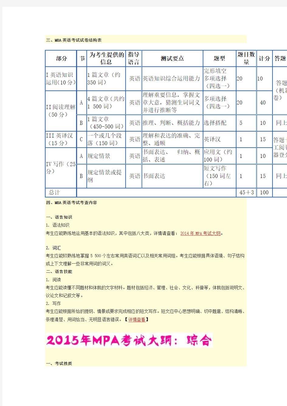 2015一月统考mpa考试大纲(双证)