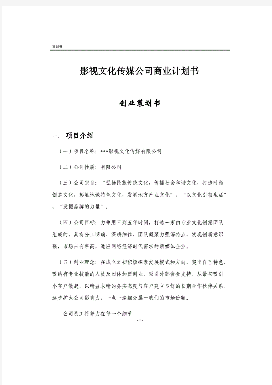 影视文化传媒公司商业计划书