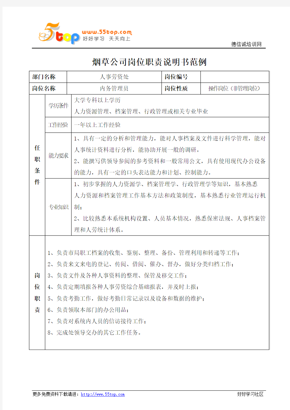 烟草公司内务管理员岗位职责说明书