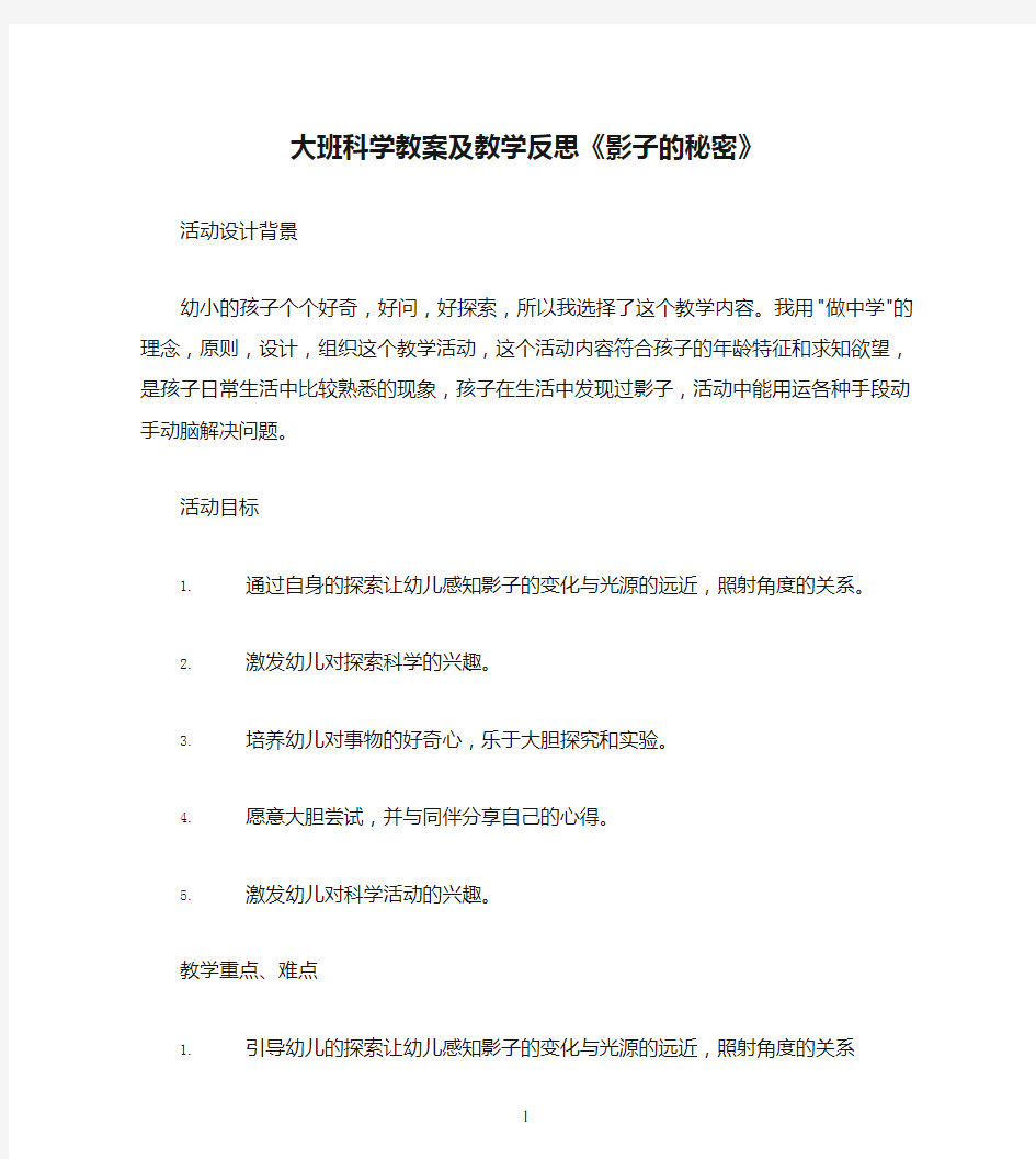 大班科学教案及教学反思《影子的秘密》