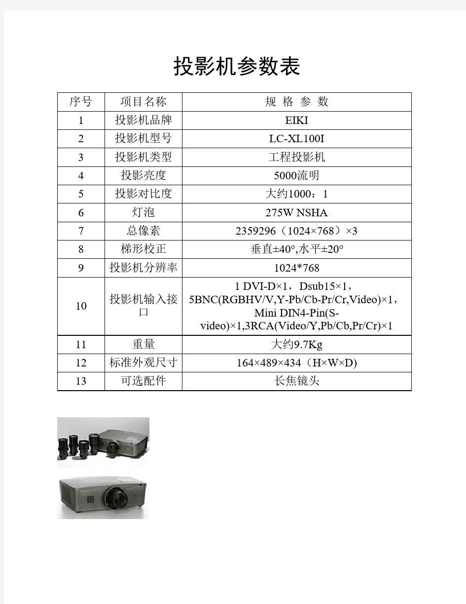 EIKI投影机参数表