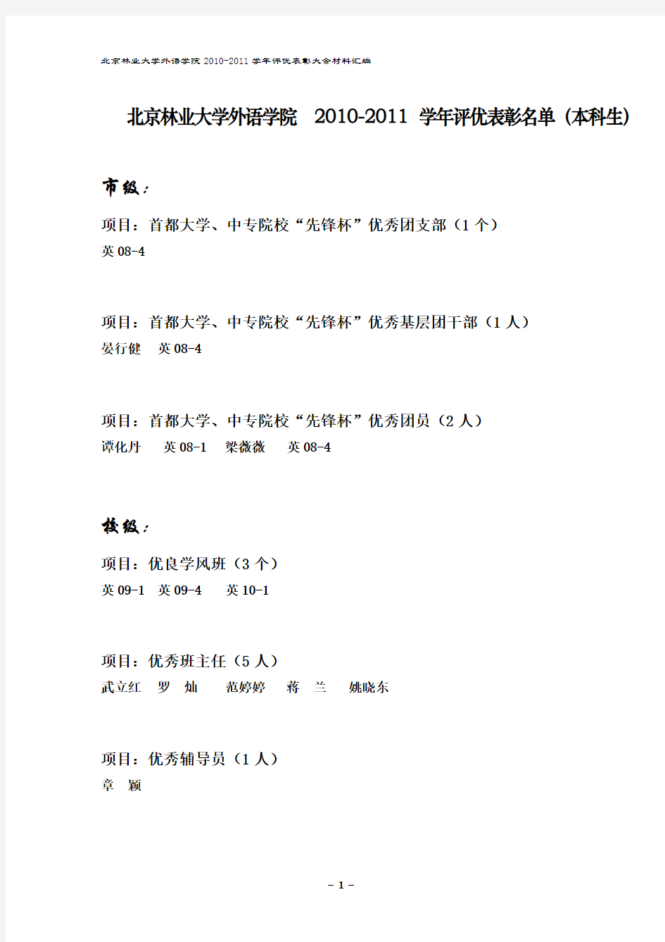 北京林业大学外语学院2010-2011学年评优表彰名单(本科生)