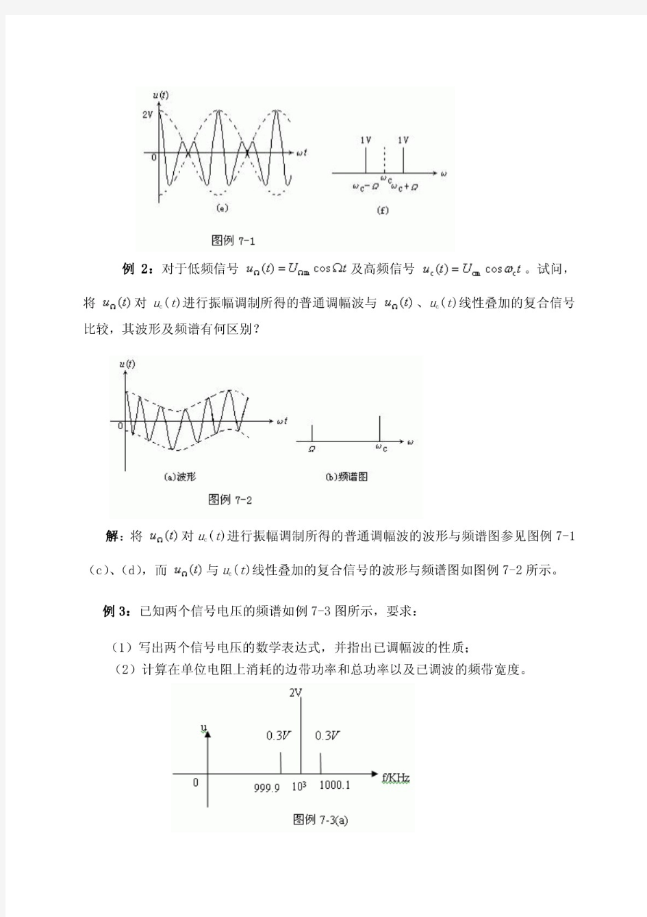 单元七 例题 例1：画出下列已调波的波形和频谱图(设ωc=5Ω)。 (1)u(t