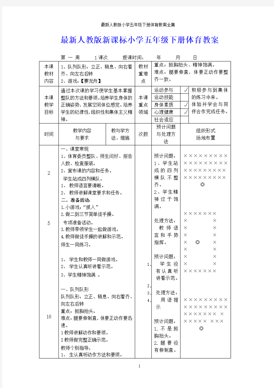 最新人教版小学五年级下册体育教案全集