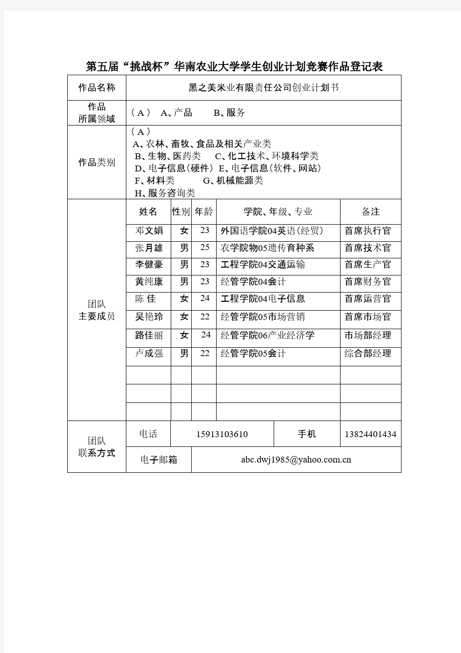 创业计划大赛登记表