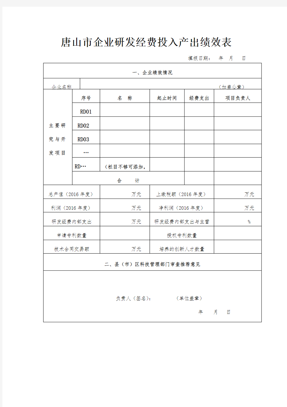 唐山市企业研发经费投入产出绩效表