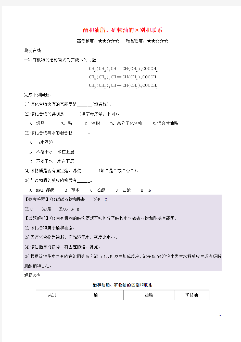 2018年高考化学一轮复习每日一题酯和油脂、矿物油的区别和联系