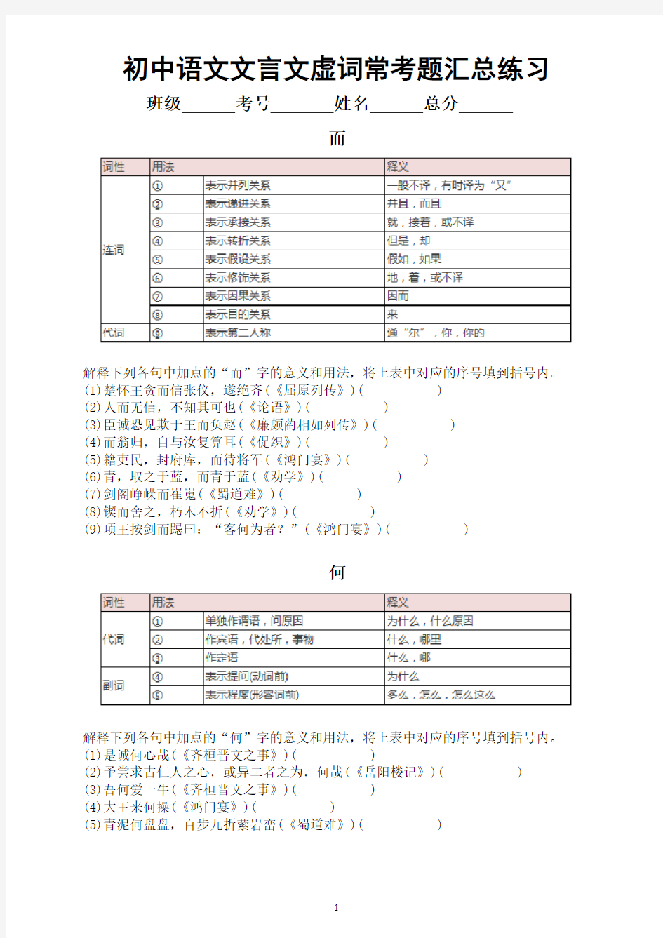 初中语文文言文虚词常考题考法汇总(附答案)(中考必备)