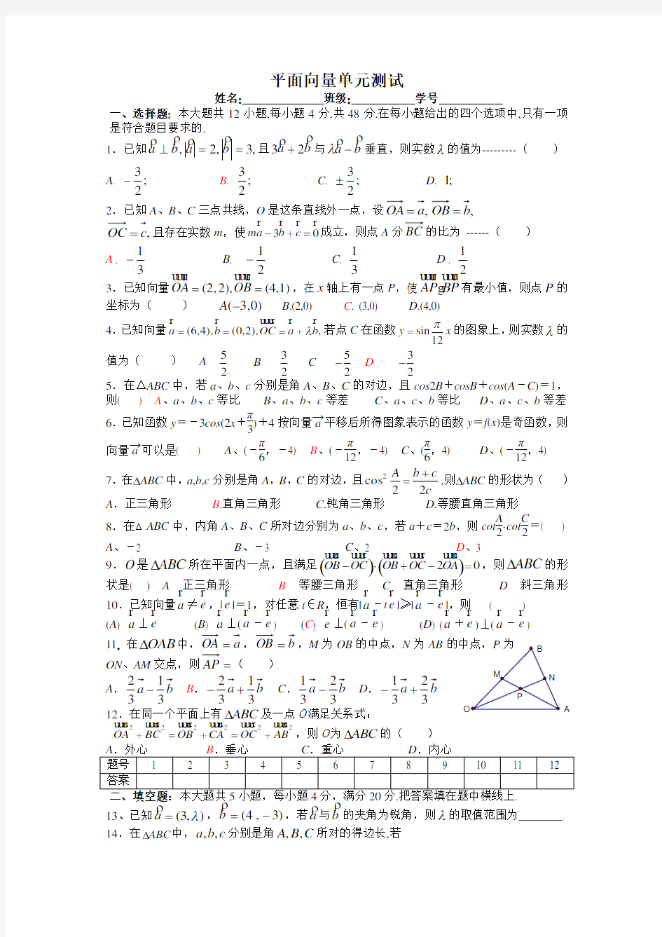 平面向量单元测试题与答案