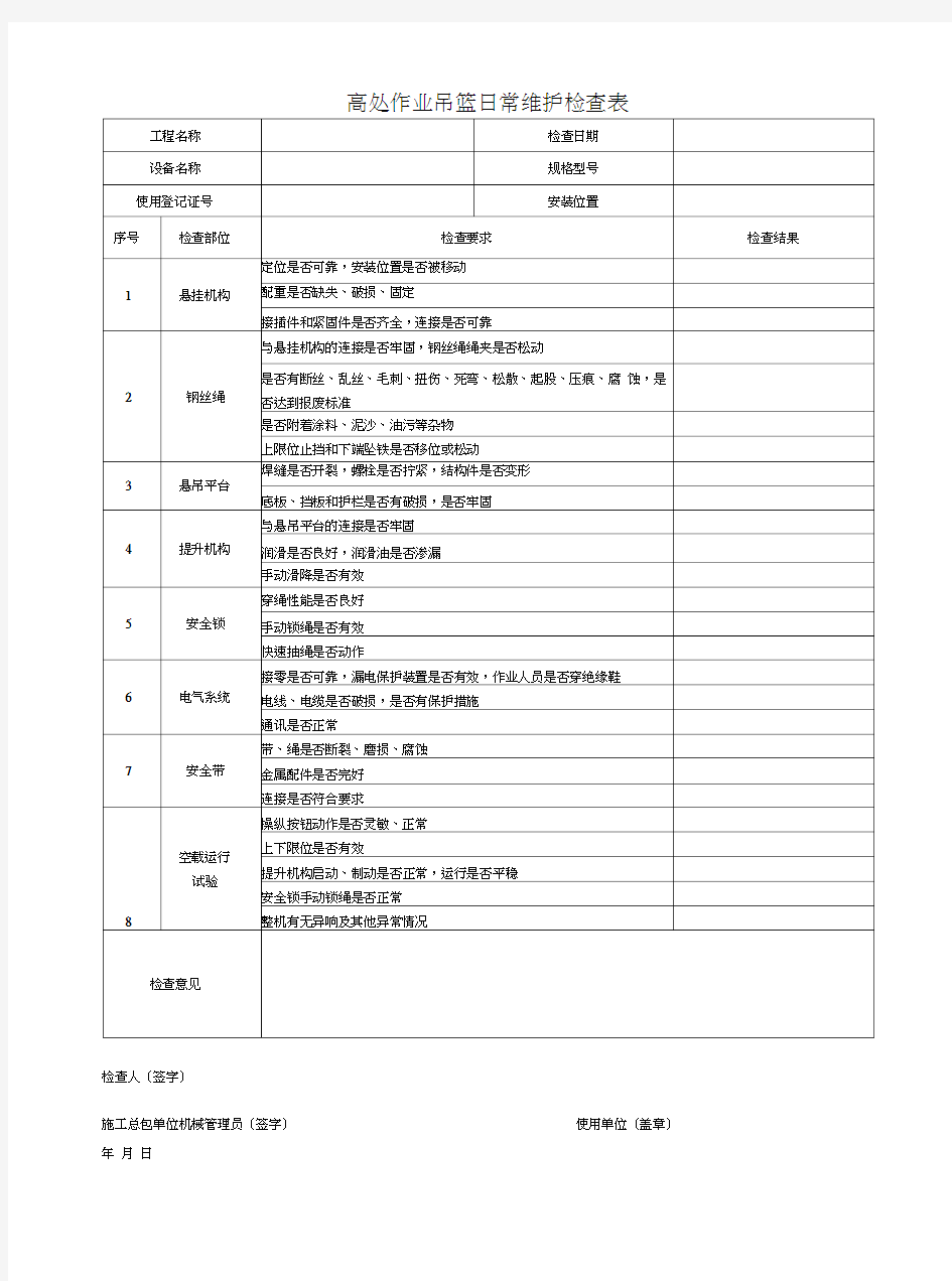 高处作业吊篮日常维护检查表