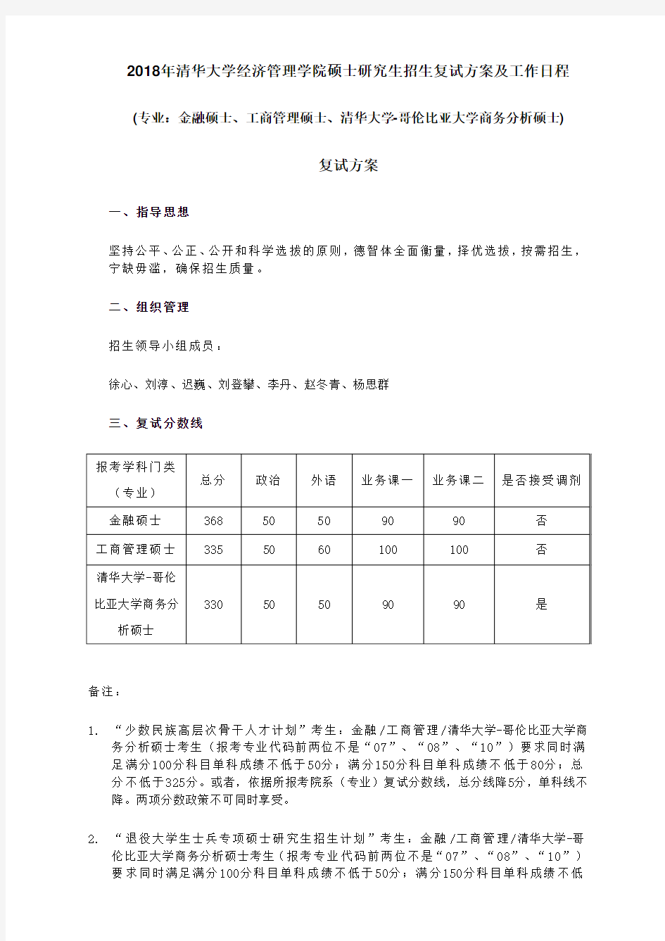 2018年清华大学经济管理学院硕士研究生招生复试方案及