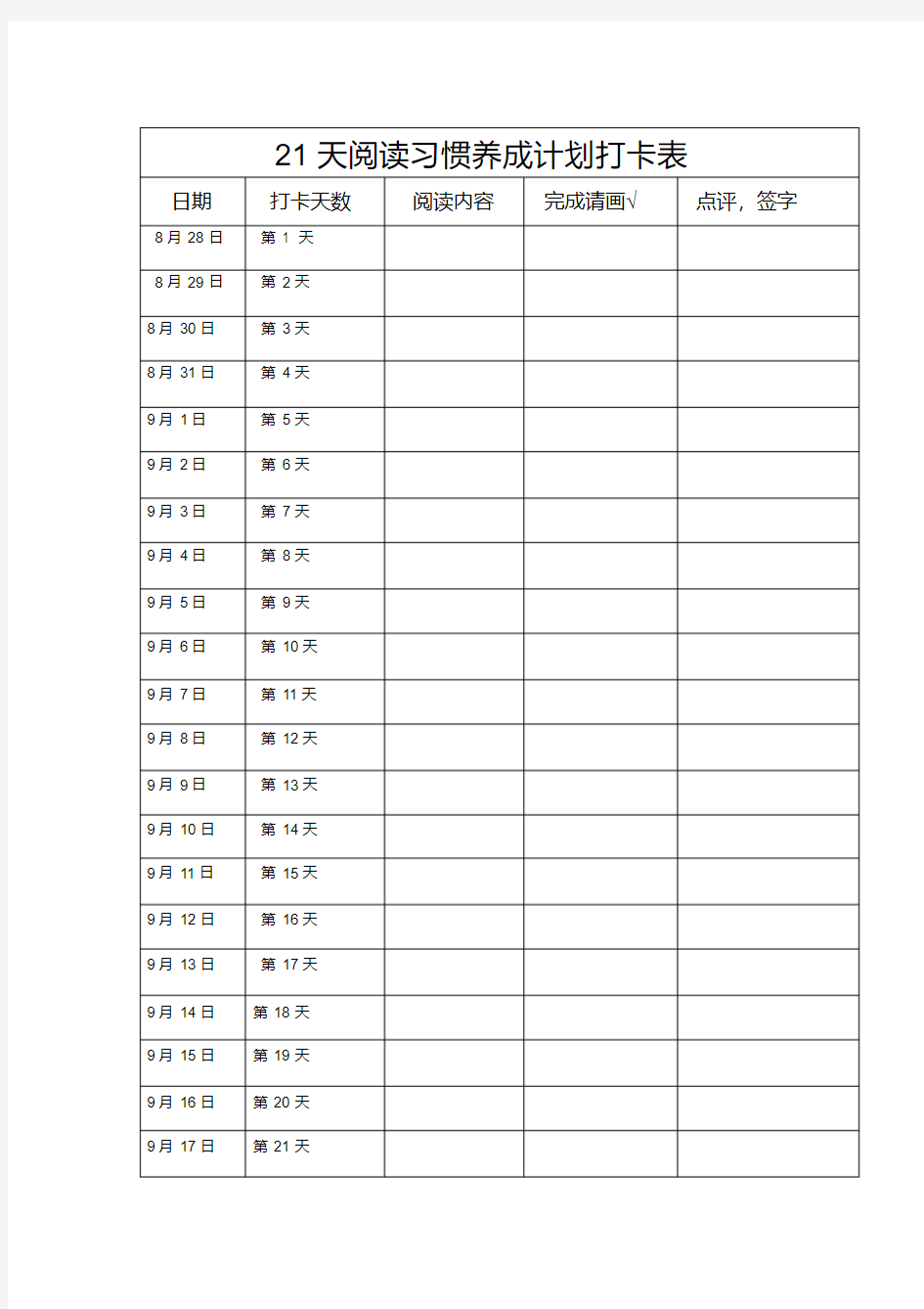 21天阅读习惯养成计划打卡表