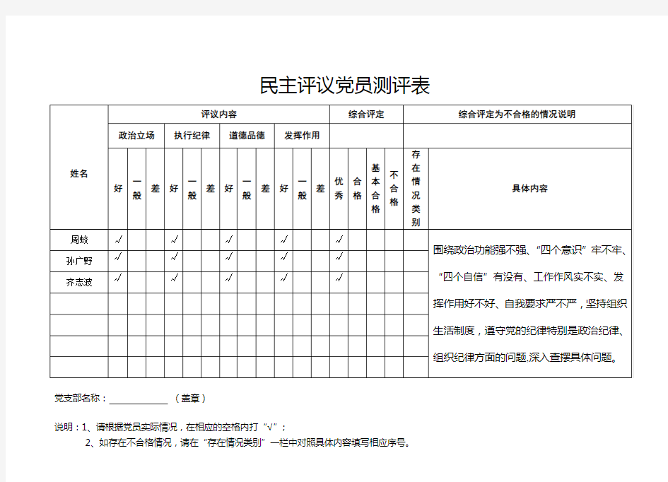 联发社附件1-6民主评议党员测评表