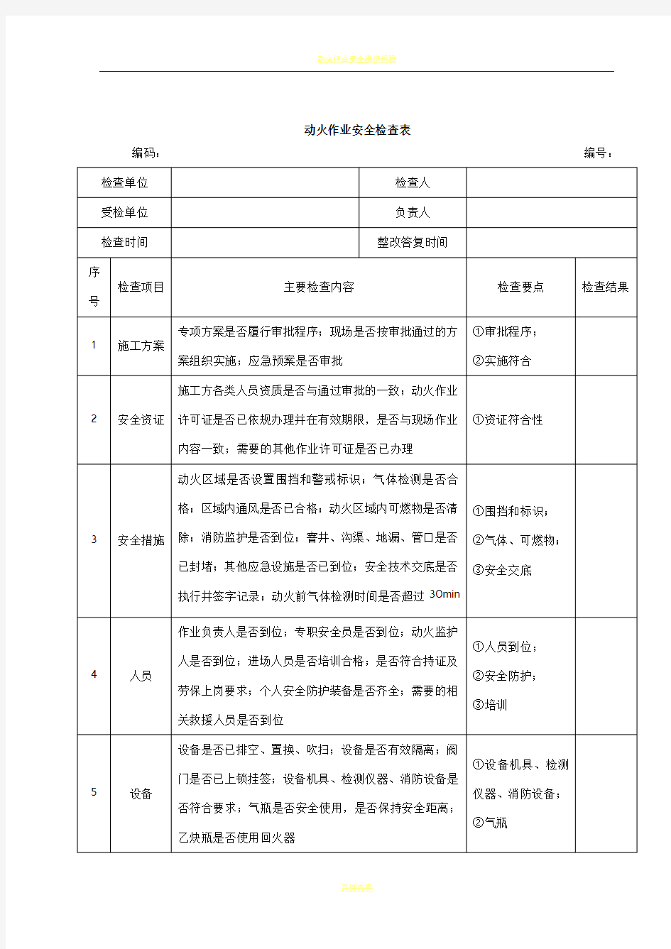 动火作业安全检查表