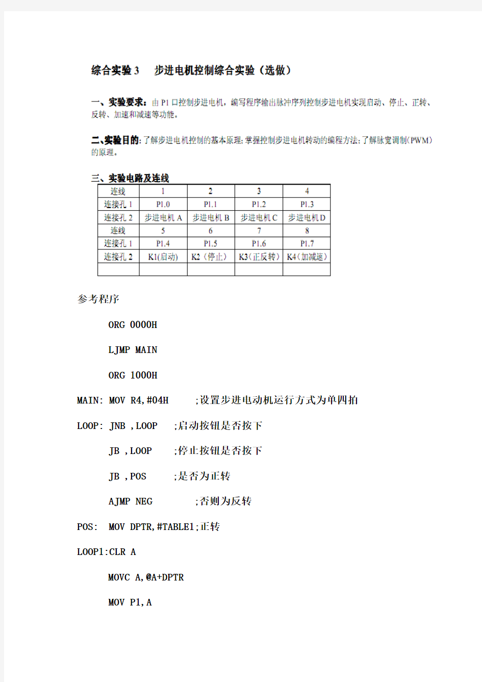 基于单片机汇编语言的步进电机的控制程序