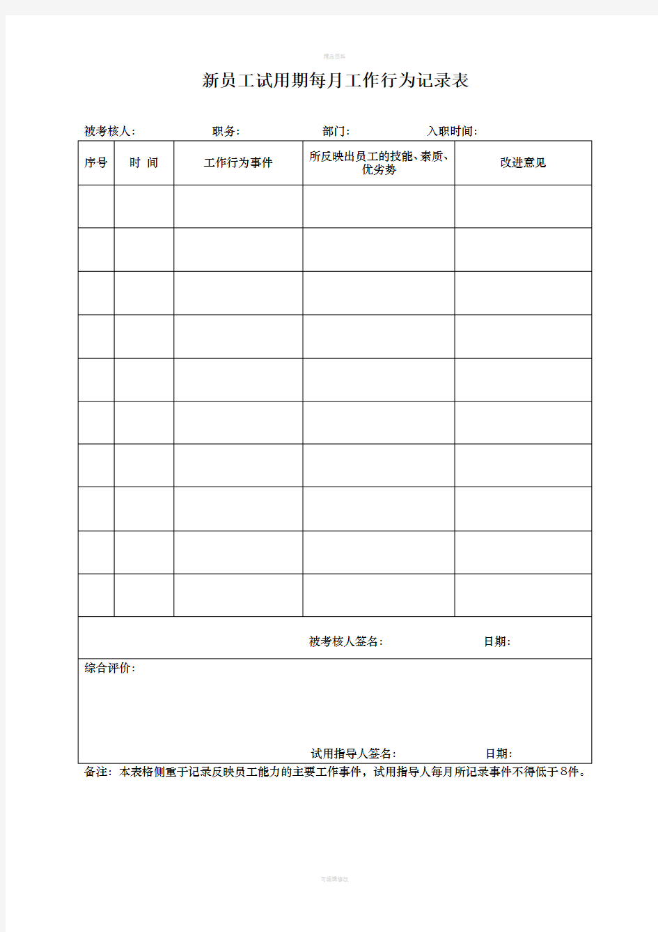 新员工试用期每月工作行为记录表