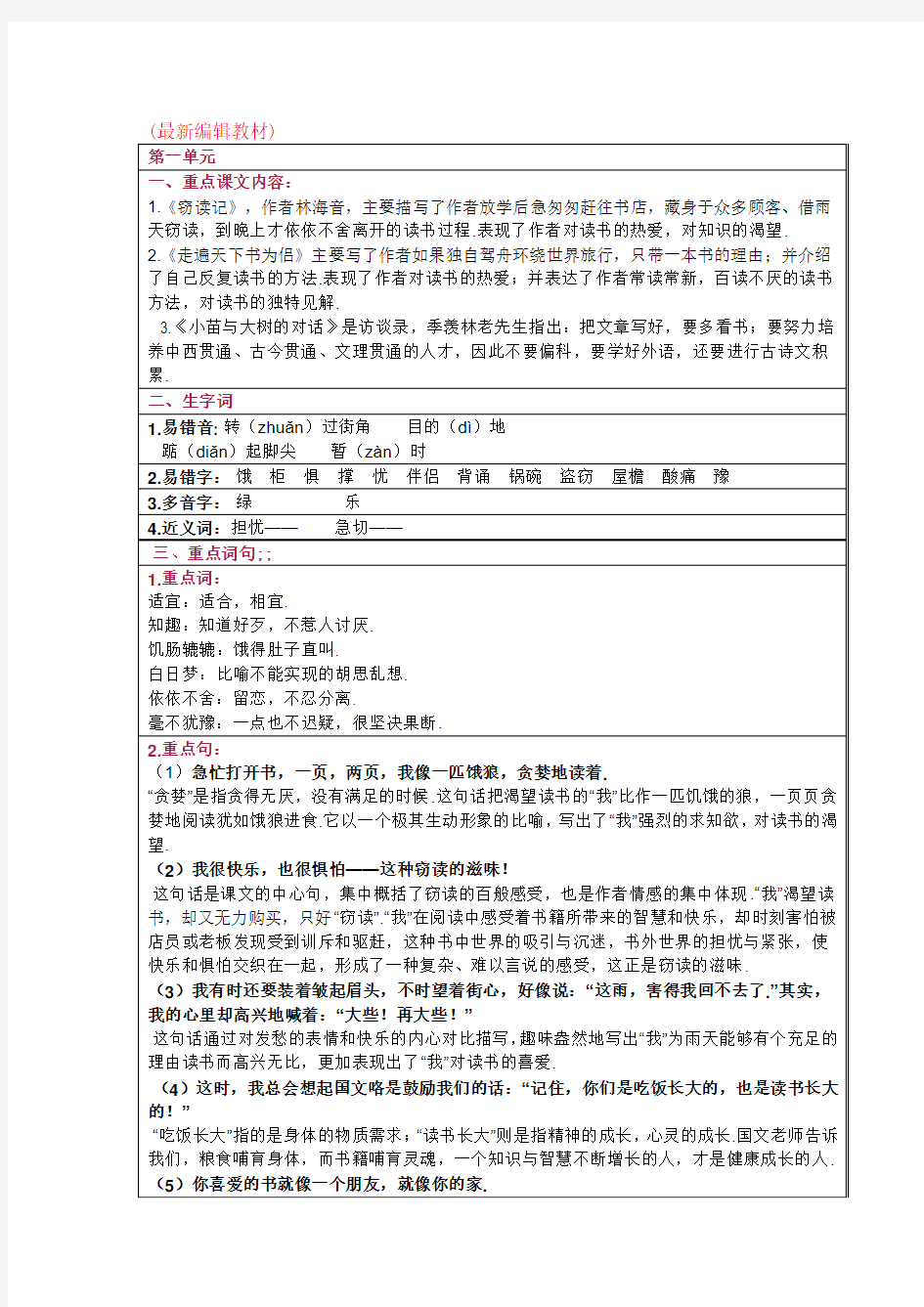 人教版五年级上册语文1-4单元重点知识点