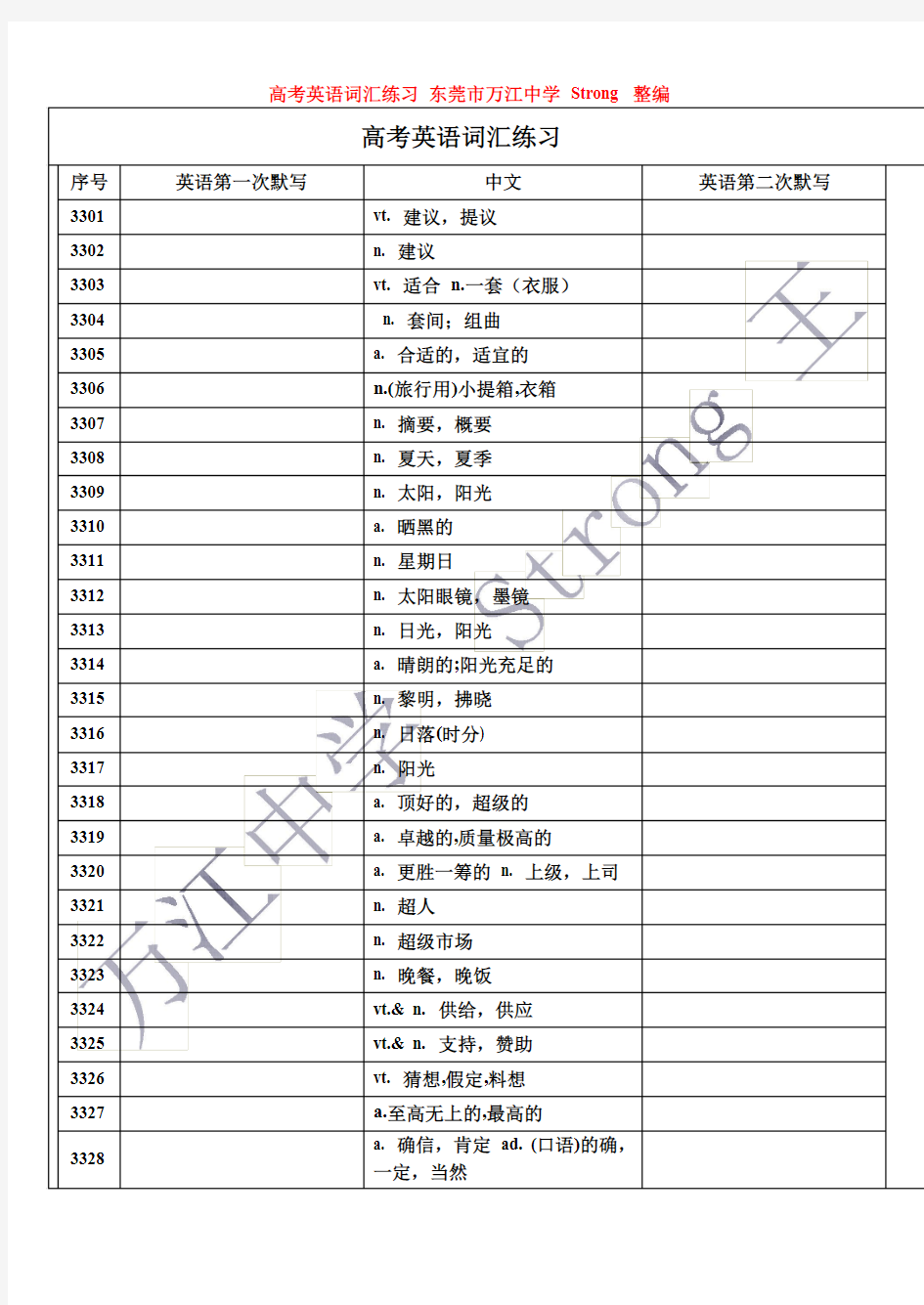 高考英语词汇练习 3301-3600中-英