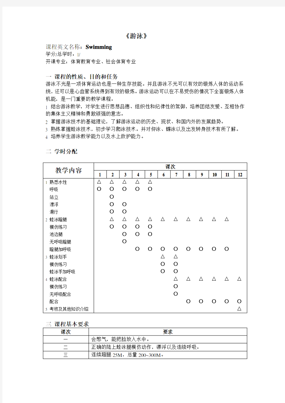 游泳教学大纲