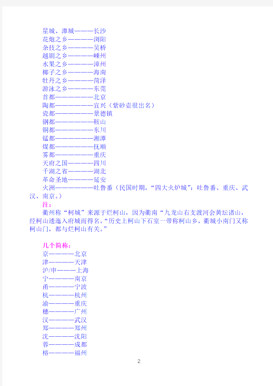 中国主要大城市别称、简称