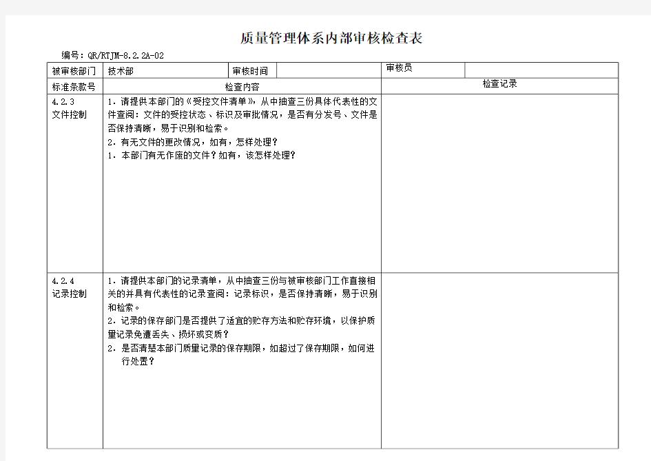 质量管理体系年度内审检查表-技术部