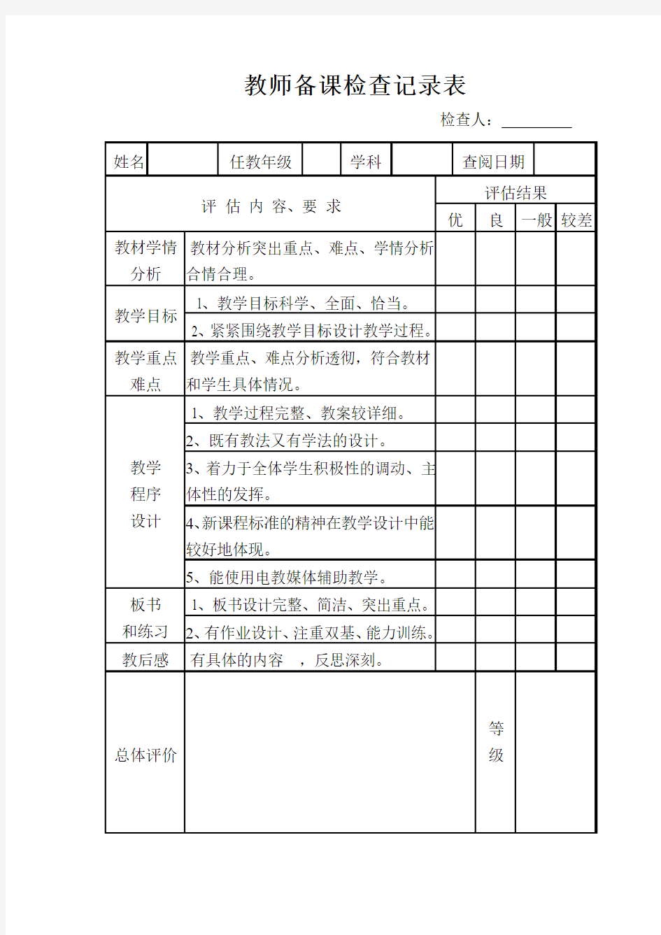 教师备课检查记录表