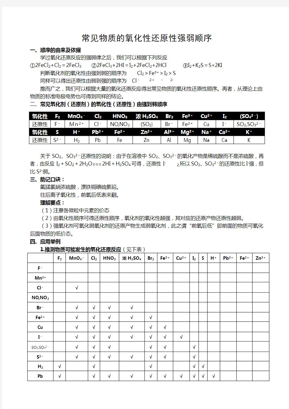 氧化还原性强弱顺序