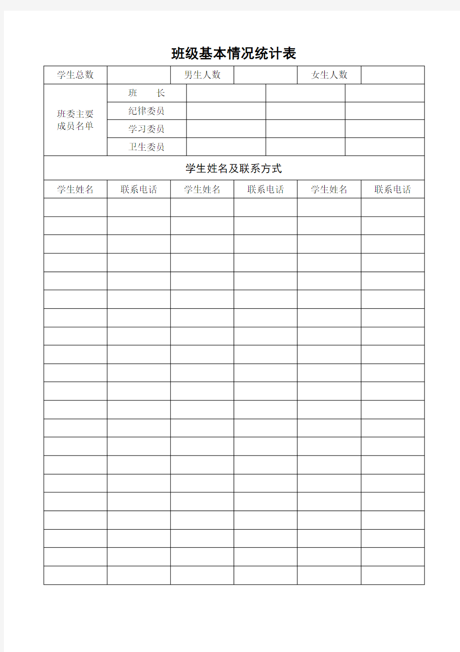 班主任工作手册、班级基本情况统计表