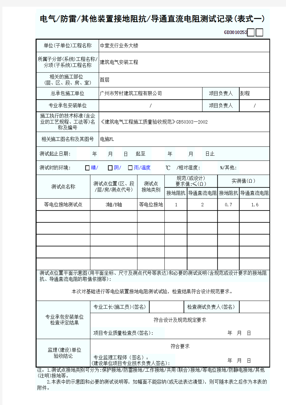 GD3010252电气防雷其他装置接地阻抗导通直流电阻测试记录 (表式一)