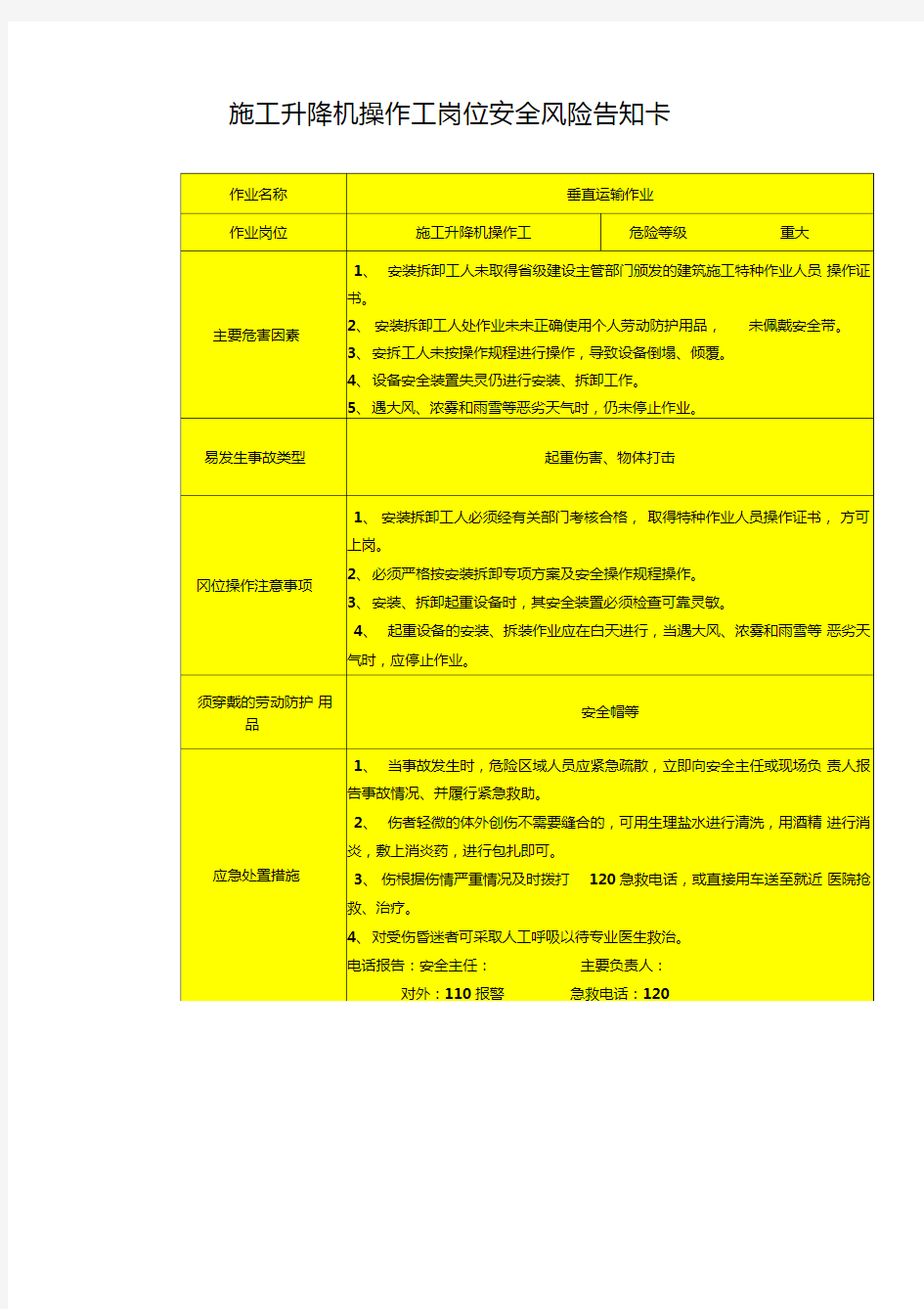 施工升降机操作工岗位安全风险告知卡