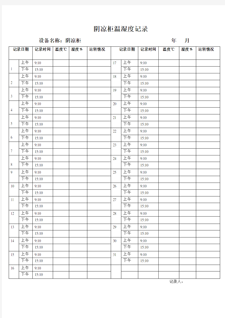 阴凉柜温湿度记录表