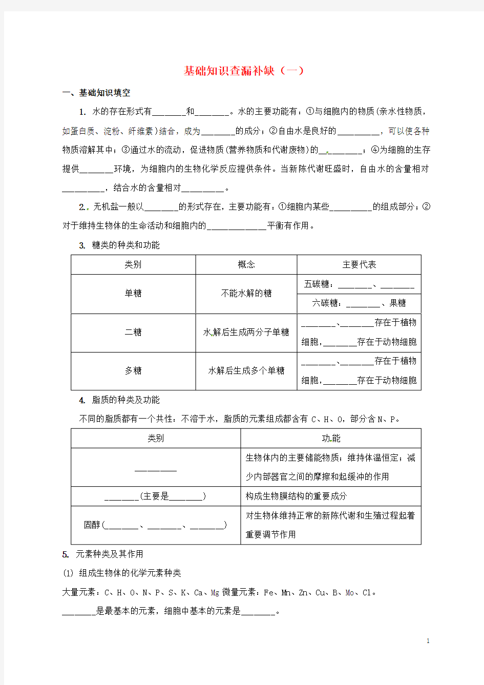 江苏省徐州市高考生物总复习 基础知识查漏补缺(一)