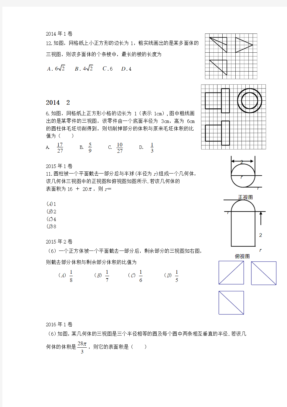 2015-2019全国卷高考数学分类汇编——三视图