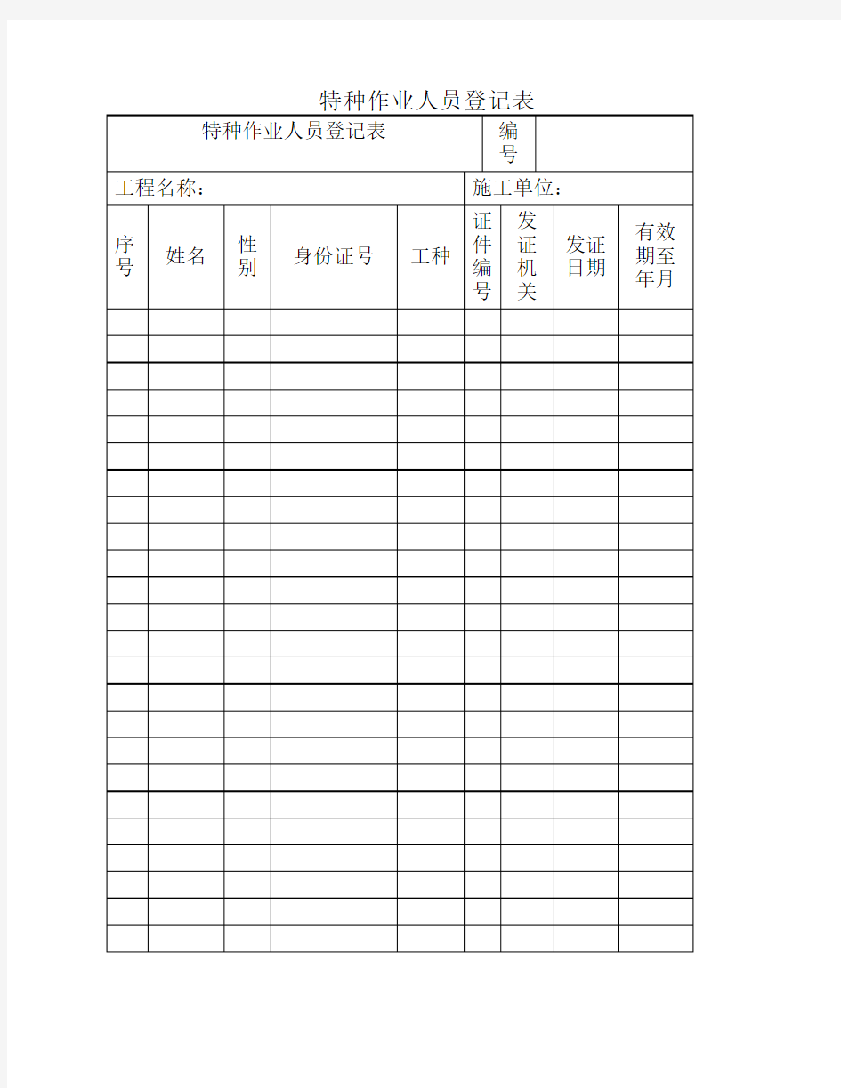 各种作业人员登记表