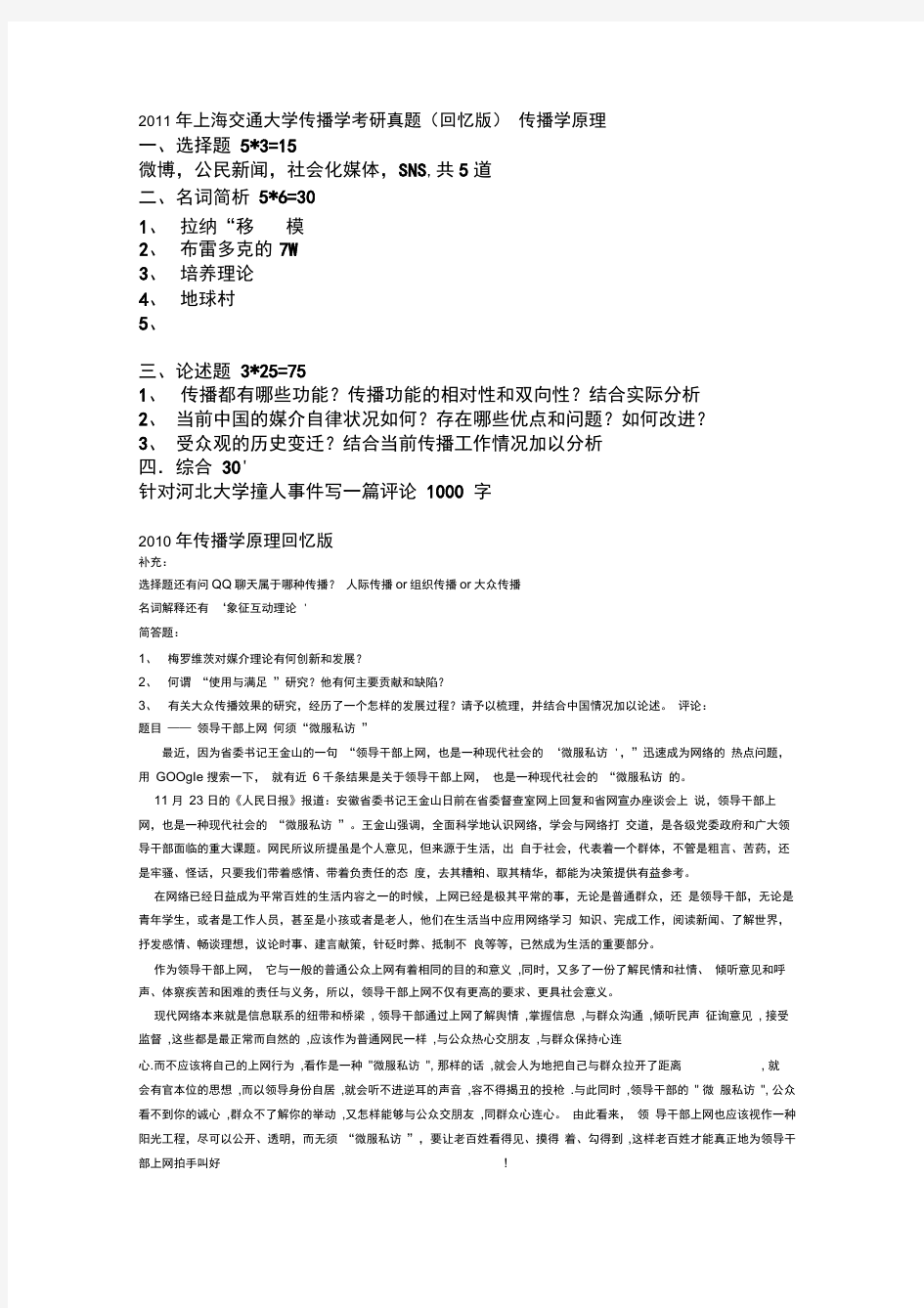 上海交通大学传播学考研真题