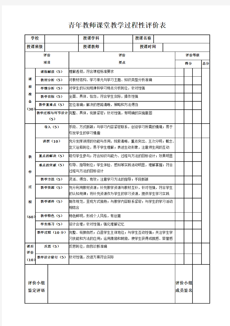 青年教师课堂教学过程性评价表