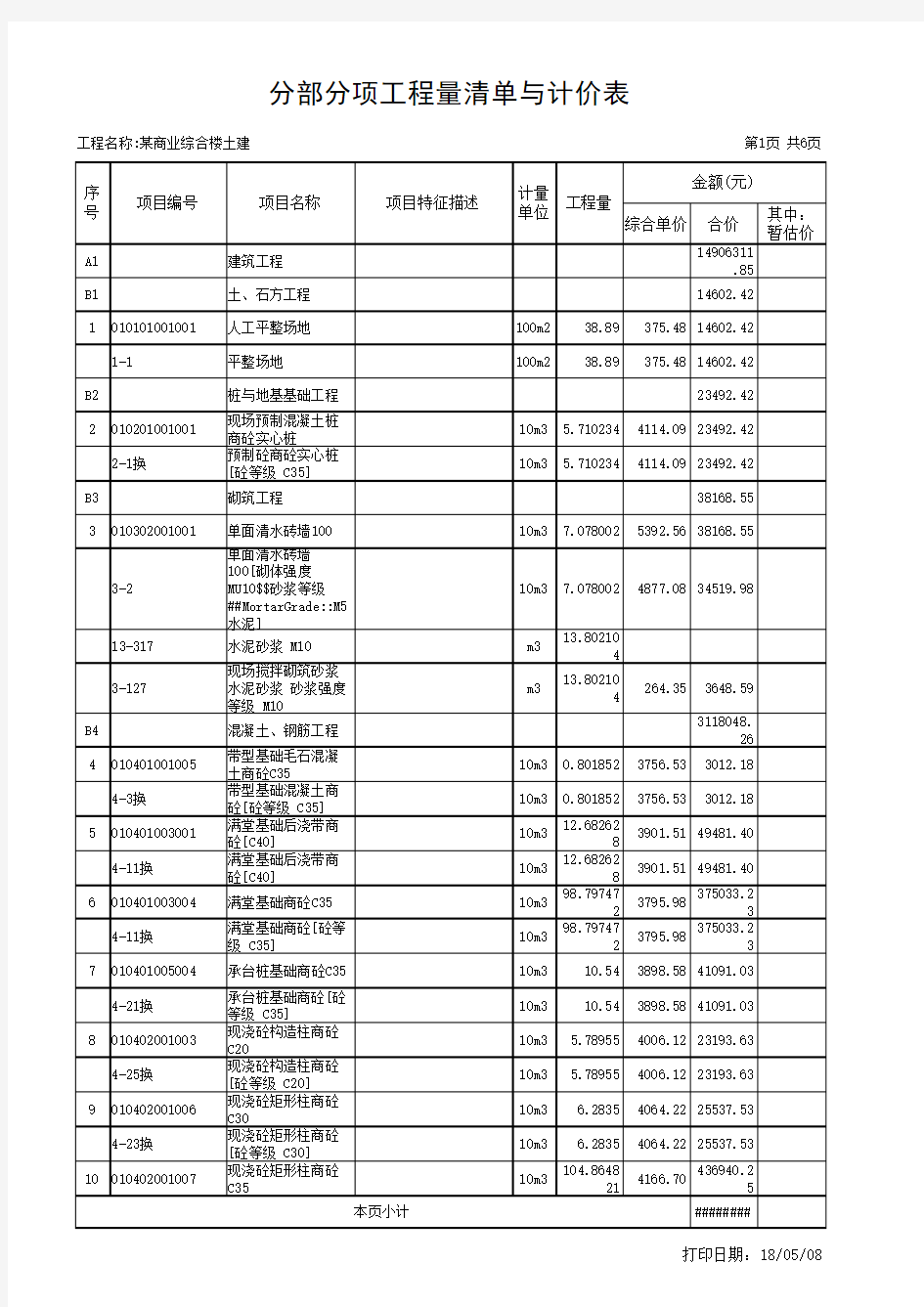 某商业综合楼土建专业分部分项工程量清单与计价表